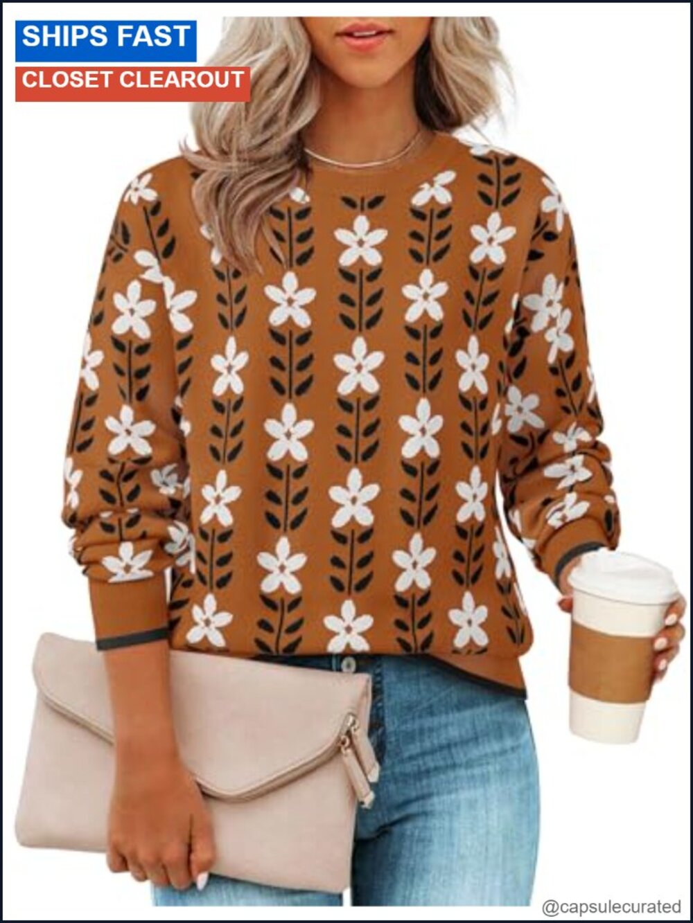 Womens Long Sleeve Crewneck Floral Printed Knitted Pullover Sweater